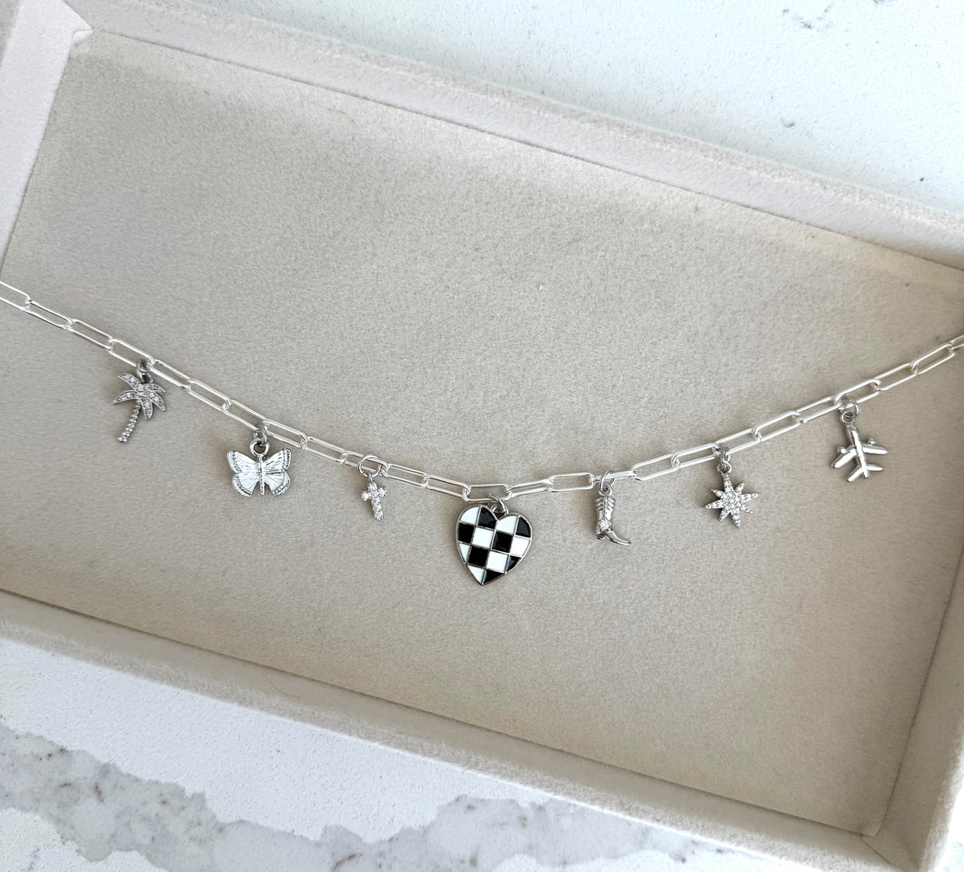 Silver Checkered Charm Necklace